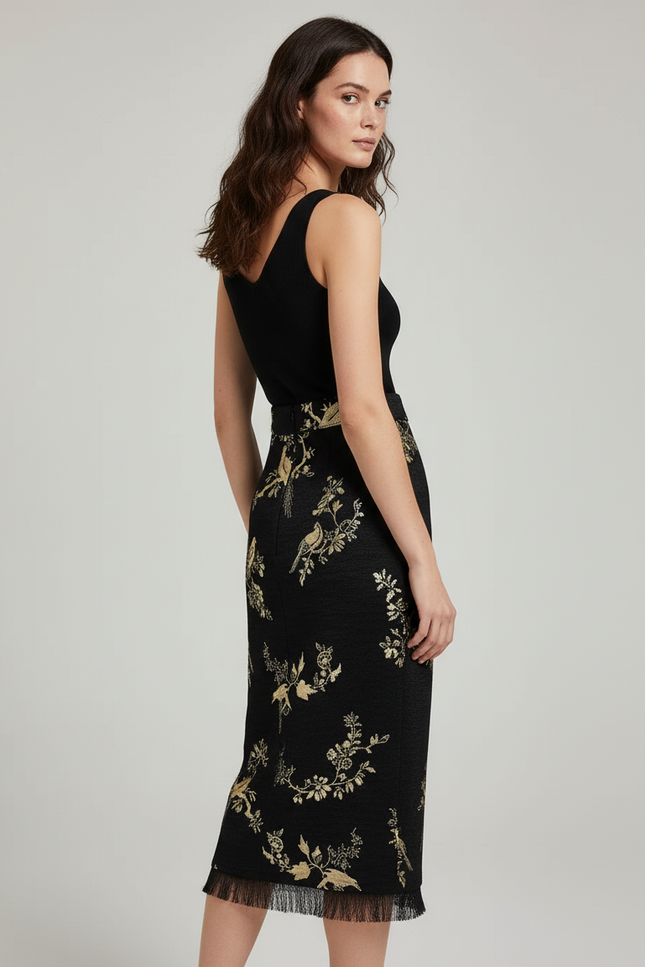 Jupe Longue Noire Motifs Oiseaux Élégante