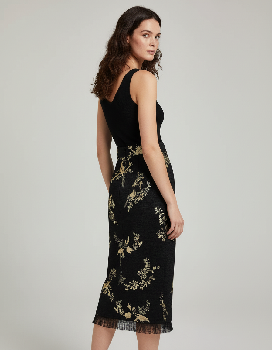 Jupe Longue Noire Motifs Oiseaux Élégante