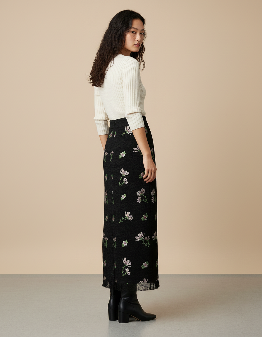 Jupe Longue Noire Brodée Florale Vintage