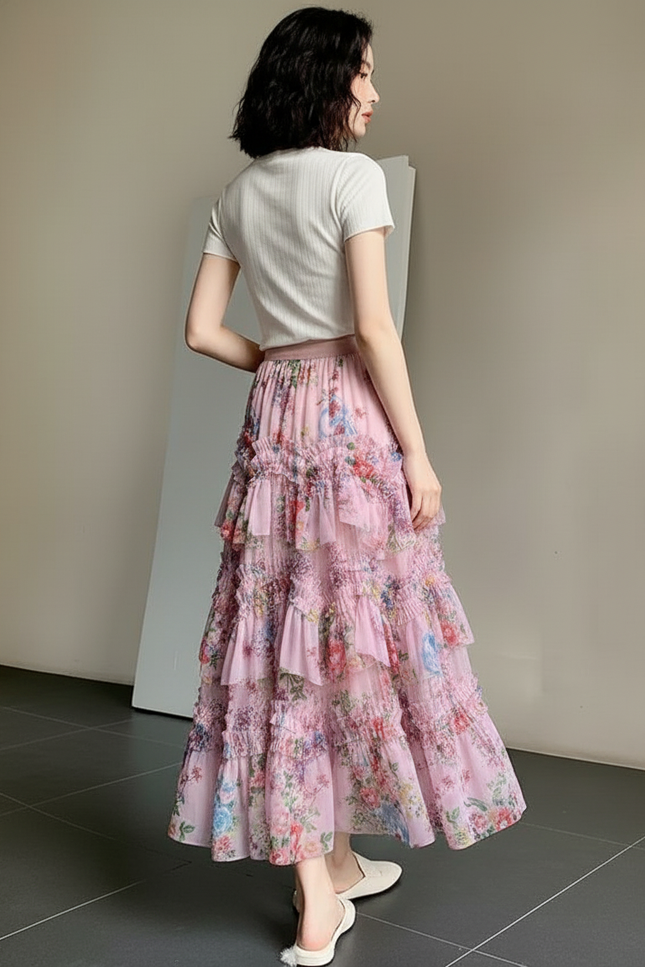 Jupe Longue Rose Florale À Volants Élégante