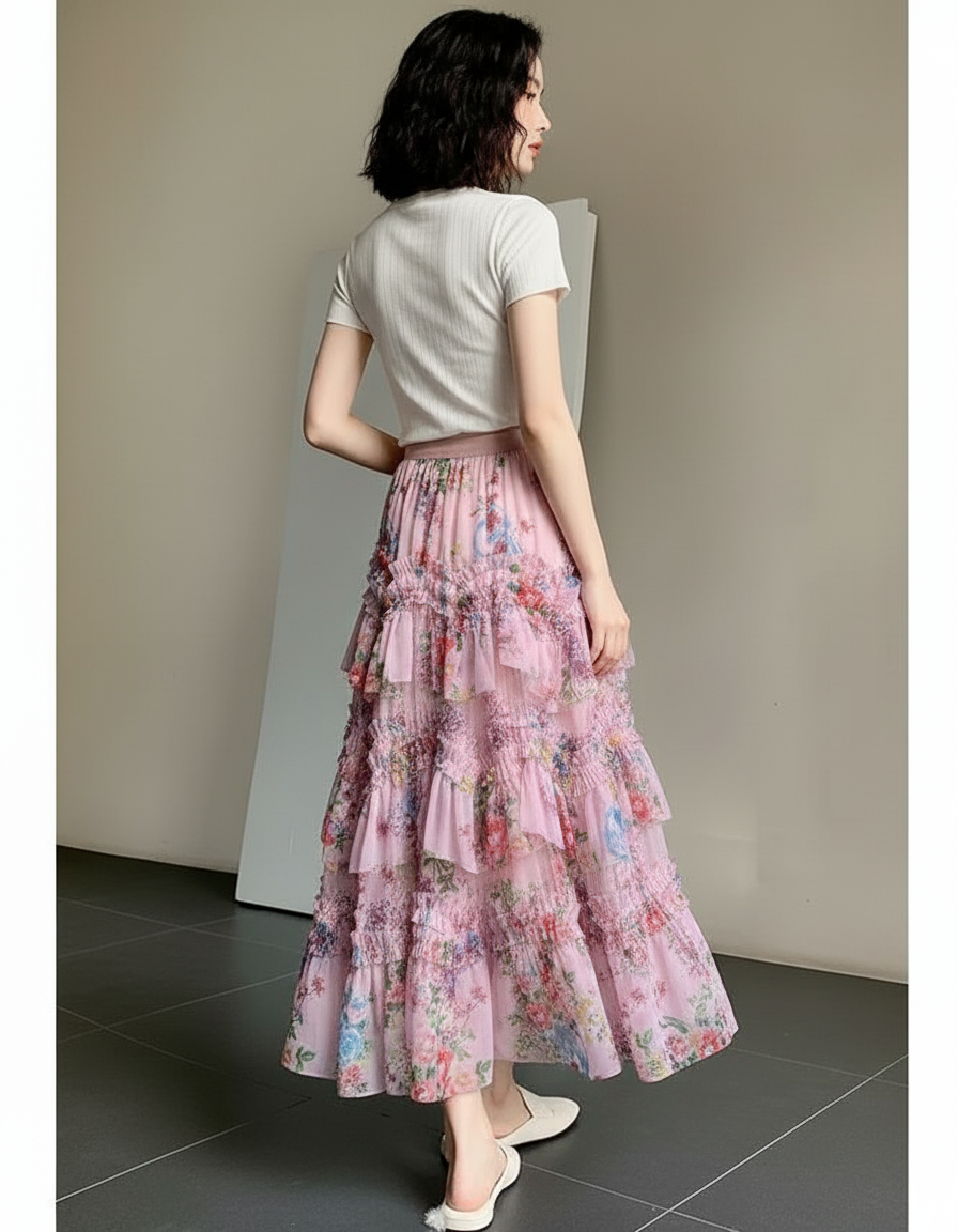 Jupe Longue Rose Florale À Volants Élégante