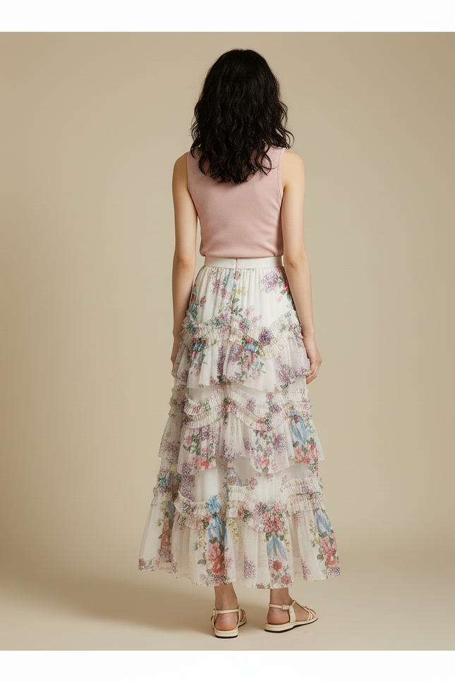 Jupe Longue Florale À Volants Élégante