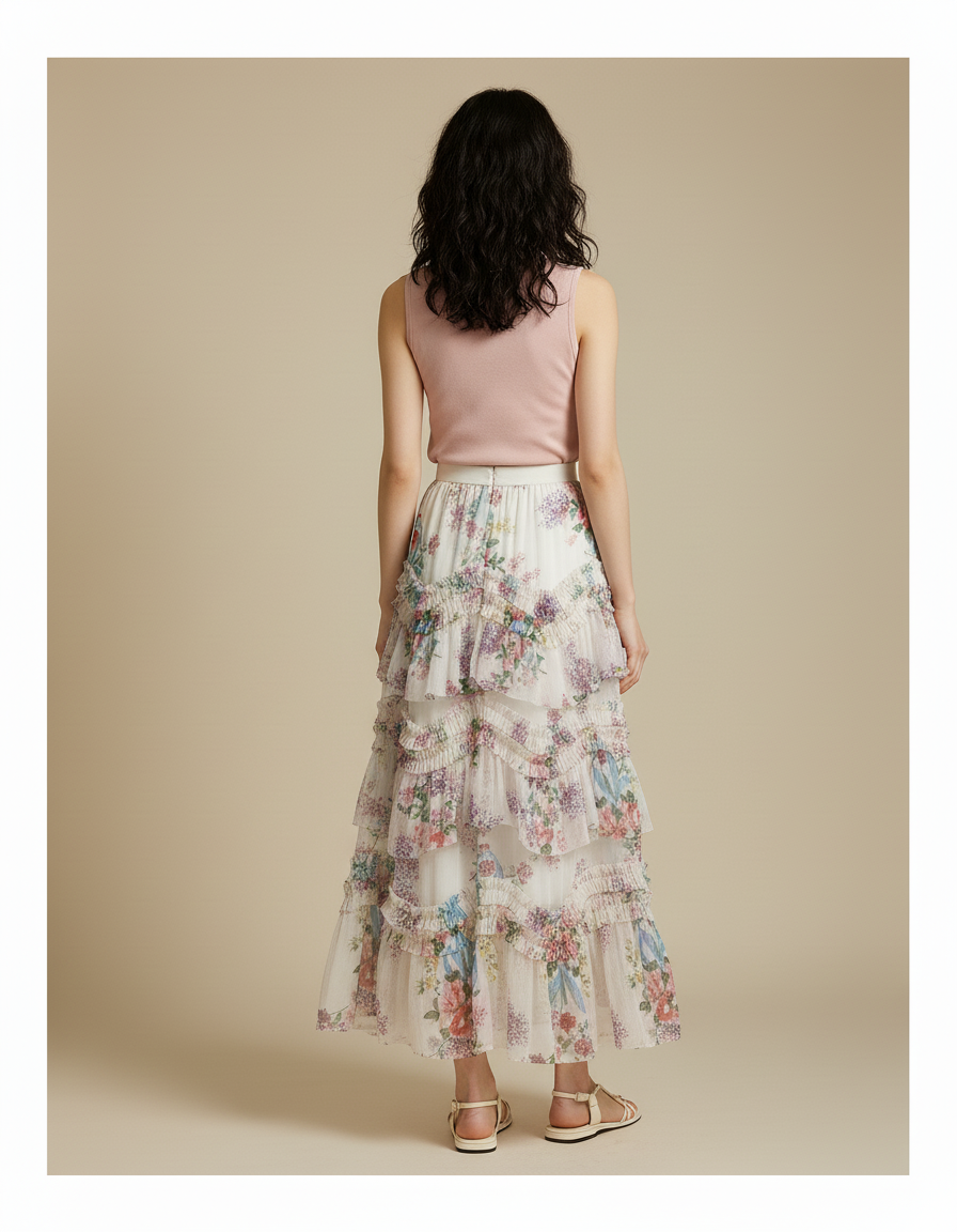 Jupe Longue Florale À Volants Élégante