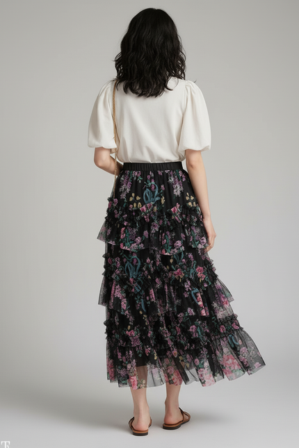 Jupe Longue Fleurie Tulle Élégante