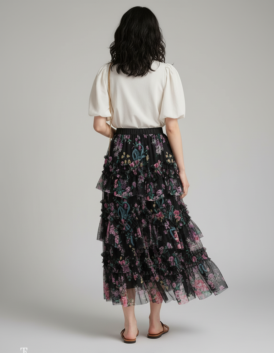 Jupe Longue Fleurie Tulle Élégante