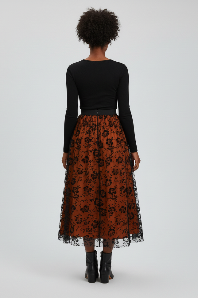 Jupe Longue Tulle Florale Orange Élégante
