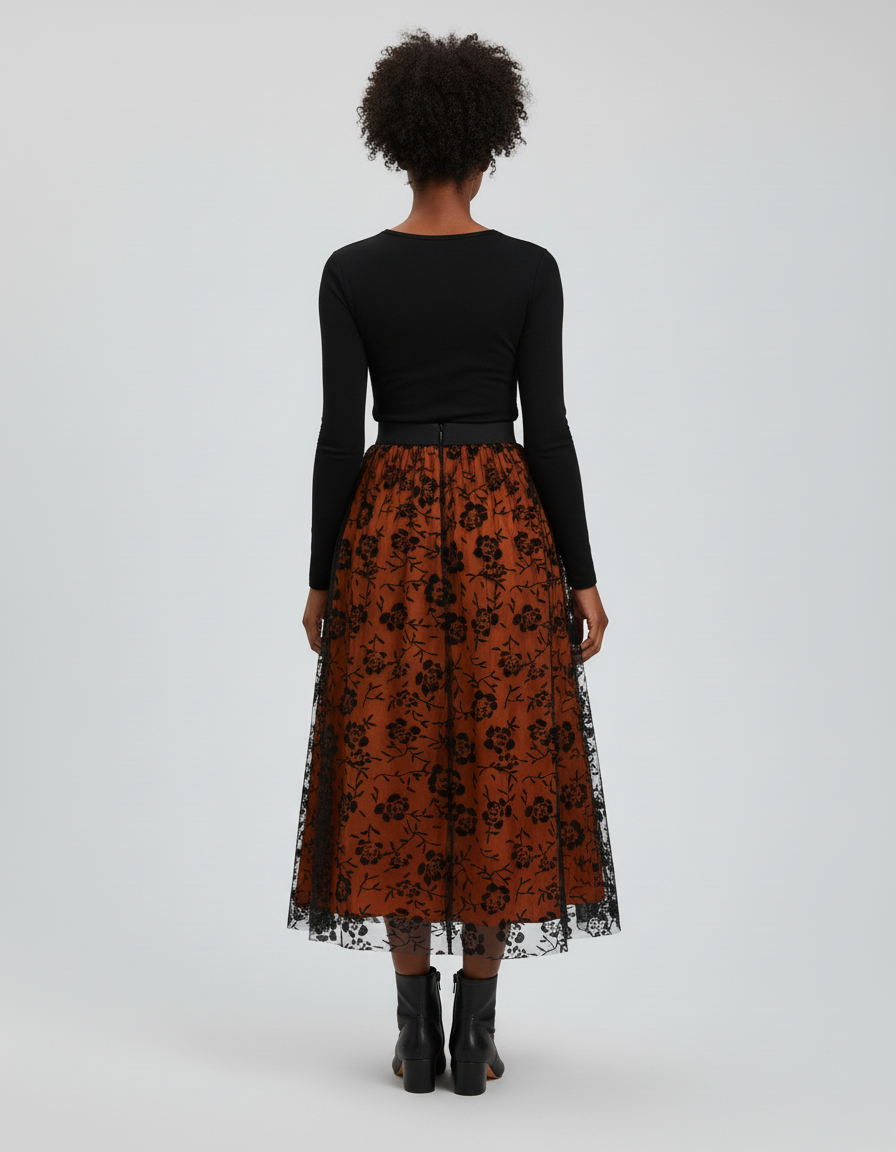 Jupe Longue Tulle Florale Orange Élégante