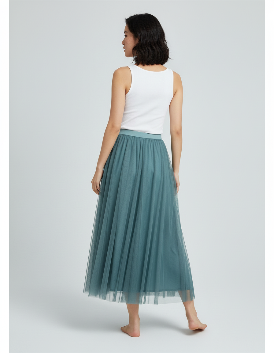 Jupe Longue Vert-Bleu Plissée Fluide