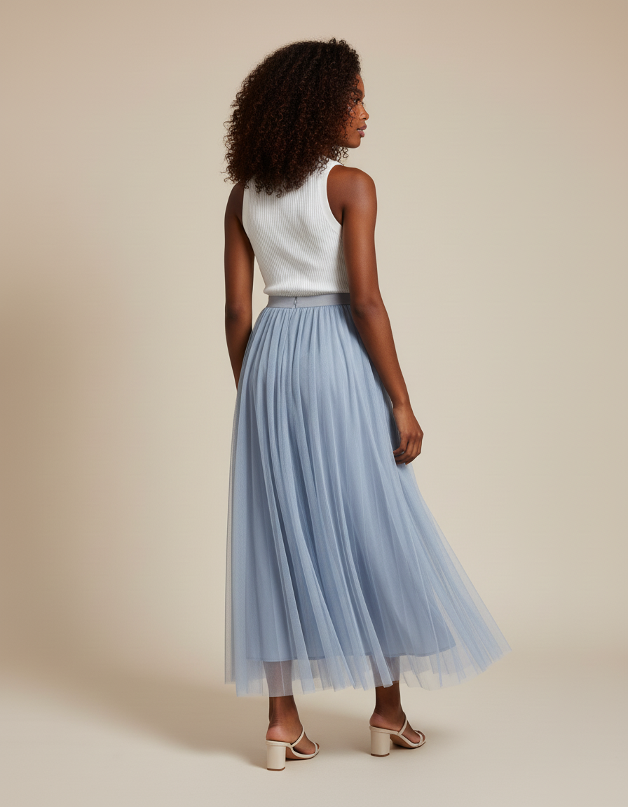 Jupe Longue Bleu Poudré Tulle Fluide