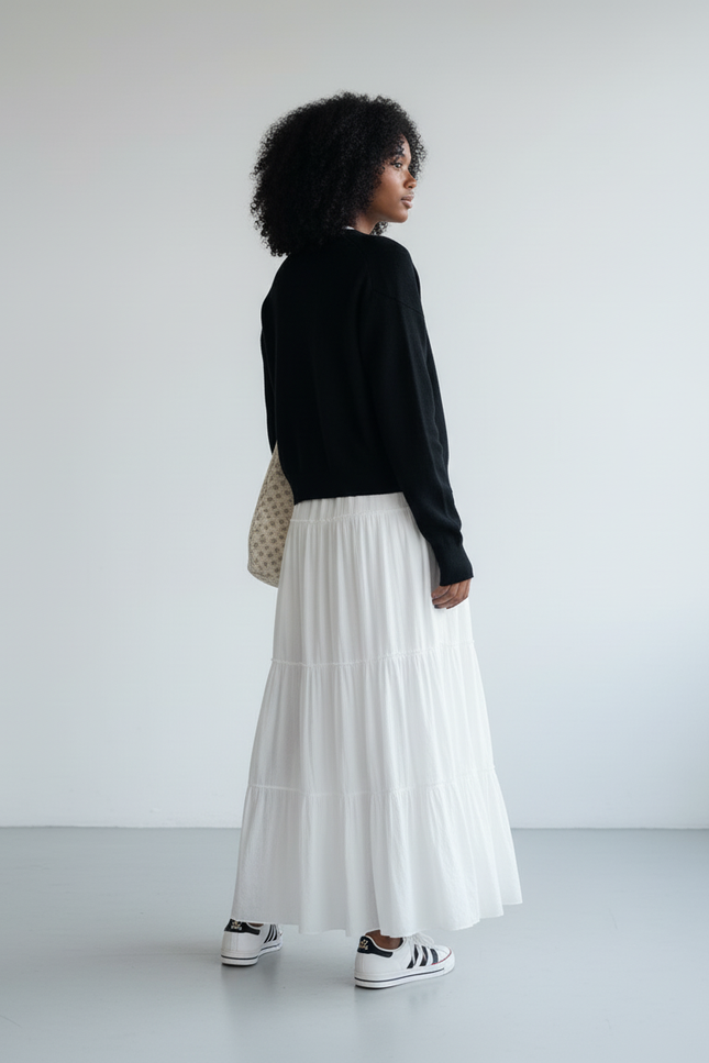 Jupe Longue Blanche À Volants Fluide