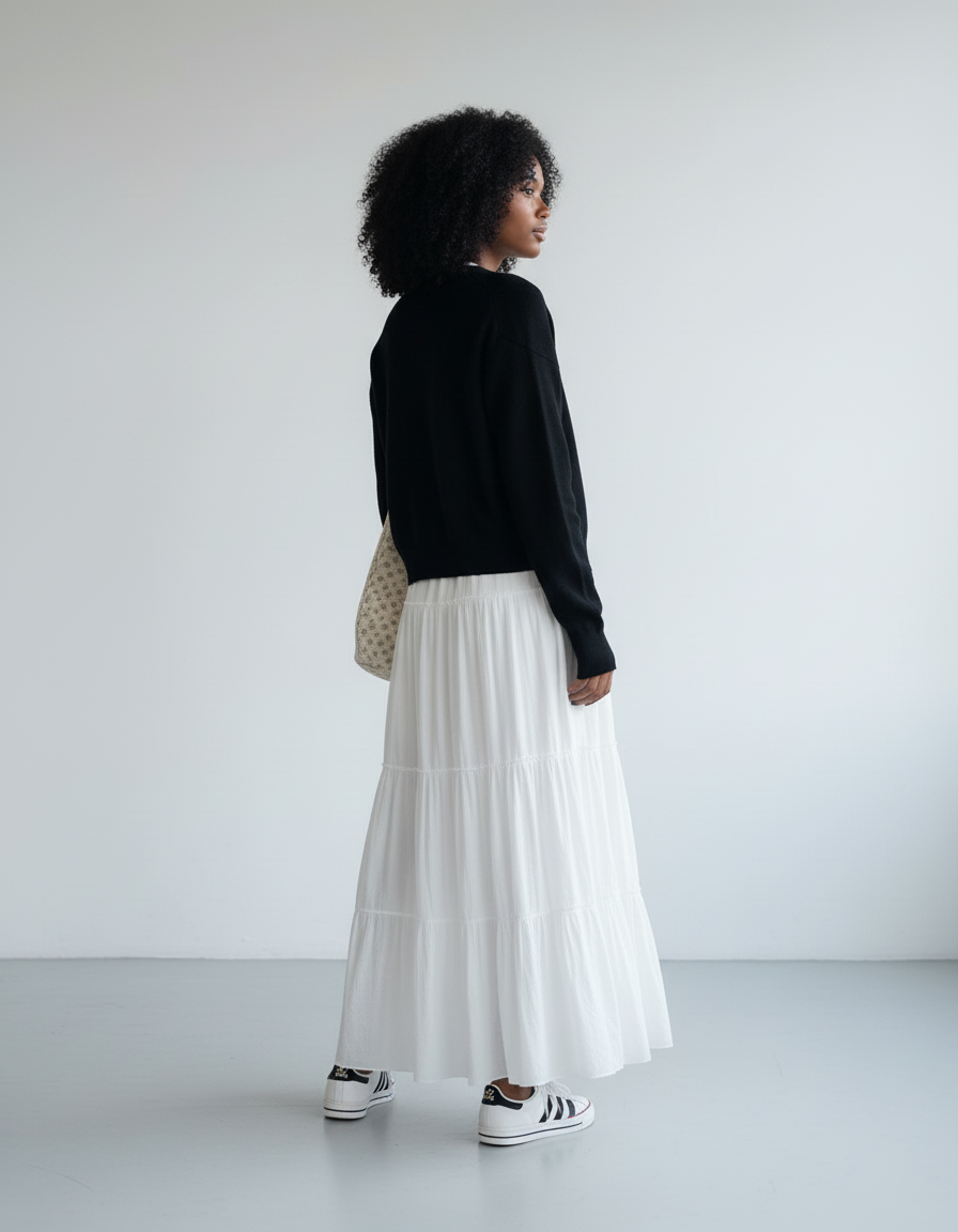 Jupe Longue Blanche À Volants Fluide