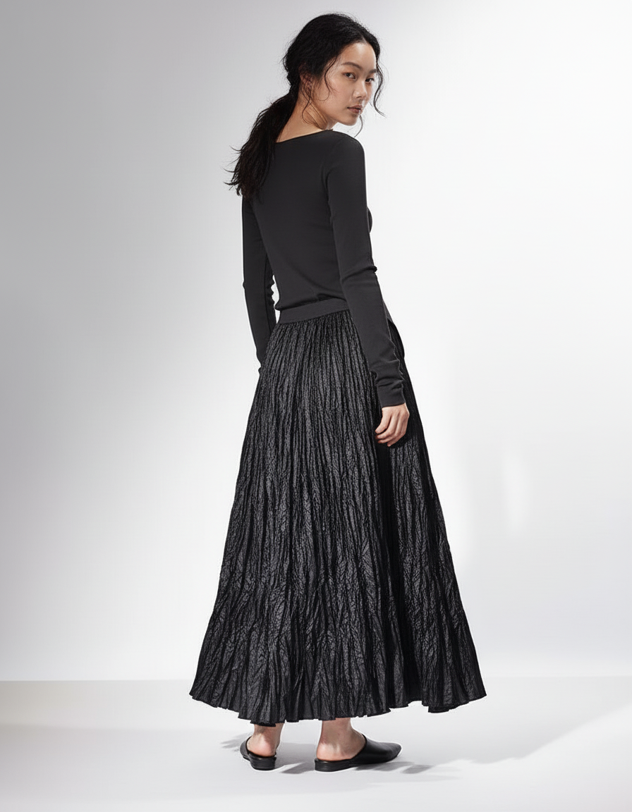 Jupe Longue Noire Plissée Fluide Chic