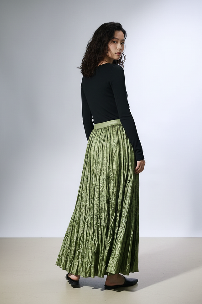 Jupe Longue Plissée Verte Fluide