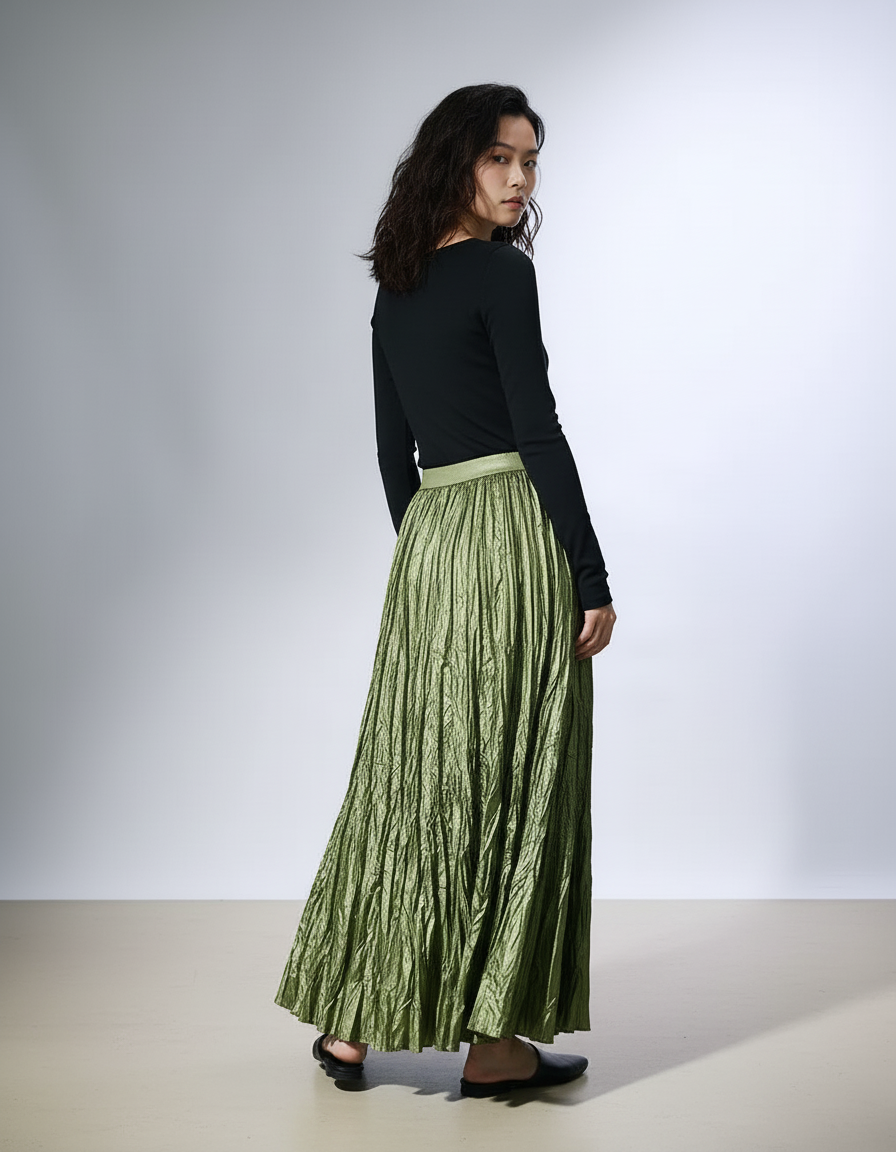 Jupe Longue Plissée Verte Fluide