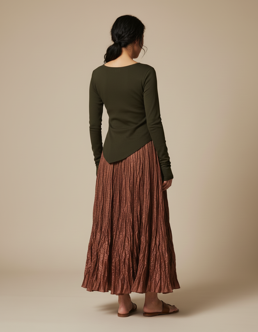 Jupe Longue Marron Froissée Fluide