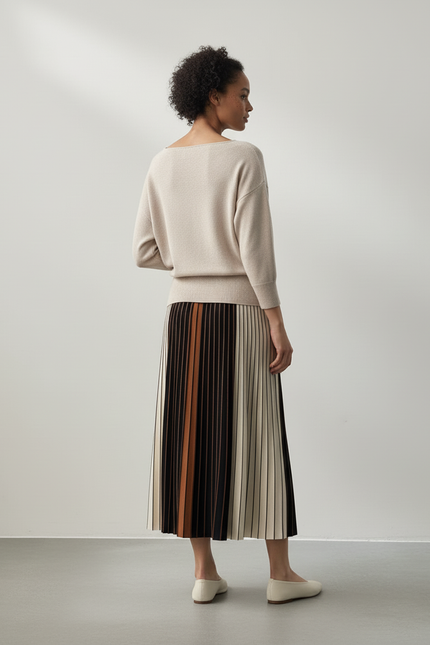 Jupe Longue Plissée Rayée Élégante Femme