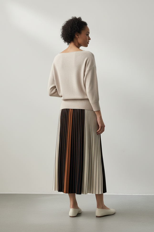 Jupe Longue Plissée Rayée Élégante Femme