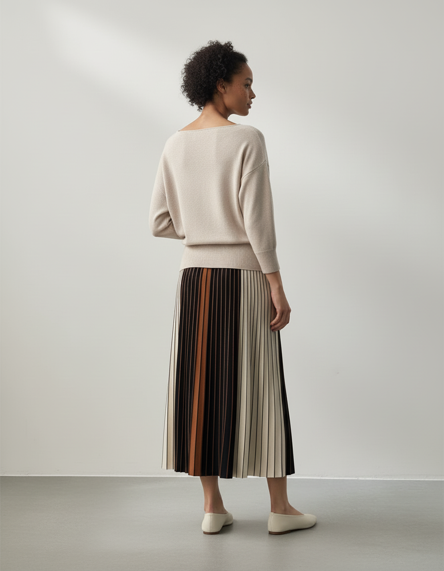 Jupe Longue Plissée Rayée Élégante Femme