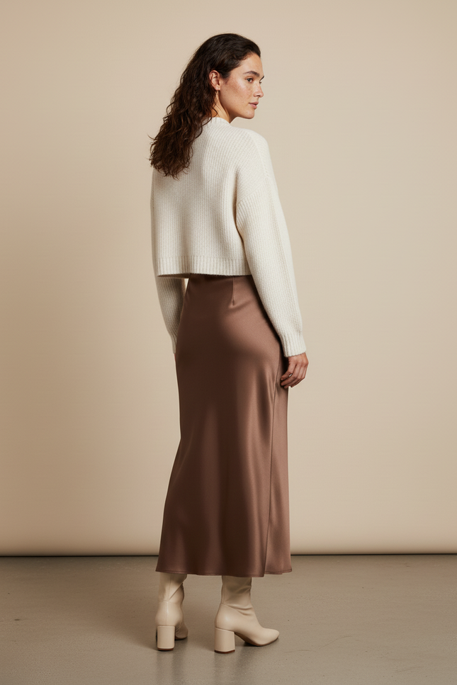 Jupe Longue Satin Marron Élégante Chic