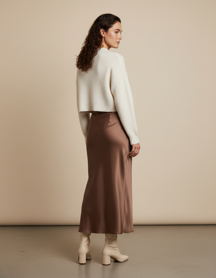 Jupe Longue Satin Marron Élégante Chic