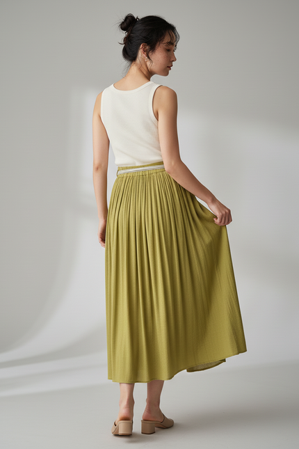 Jupe Longue Vert Olive Plissée Fluide