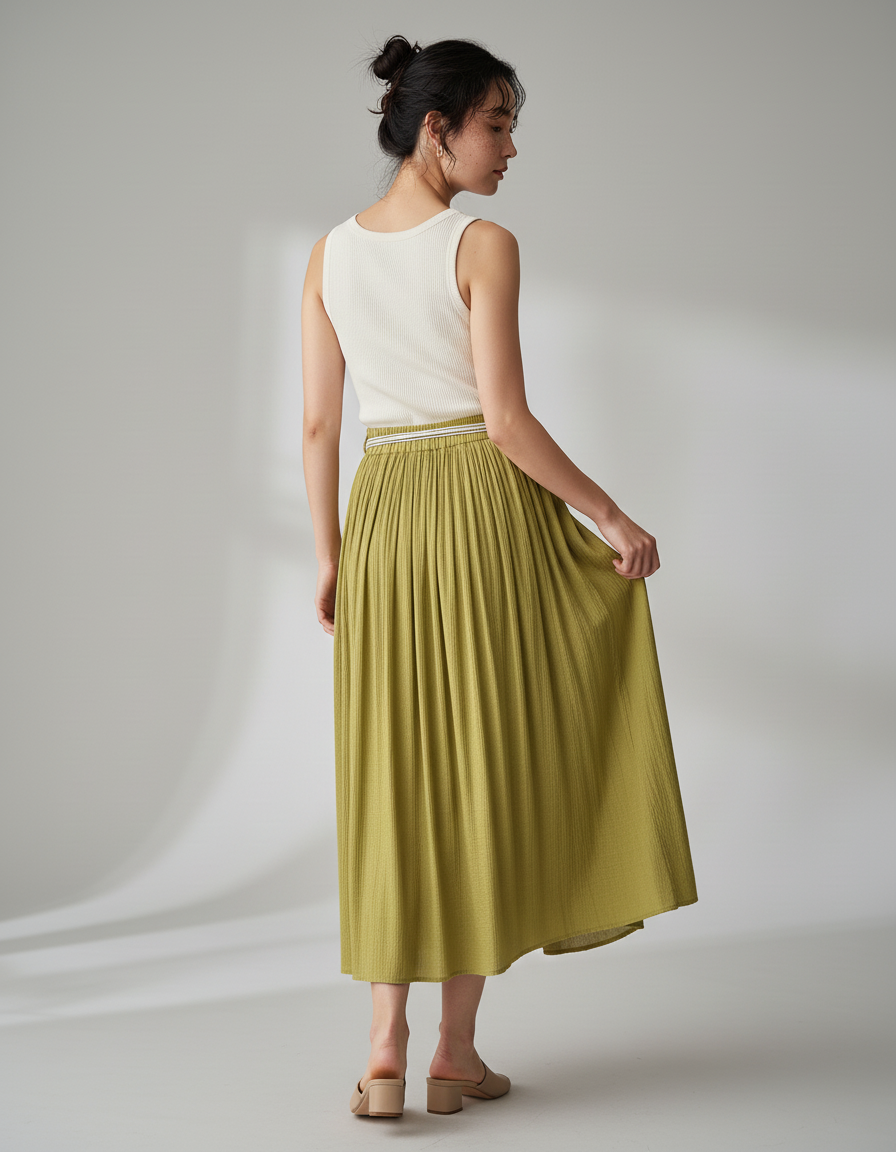 Jupe Longue Vert Olive Plissée Fluide