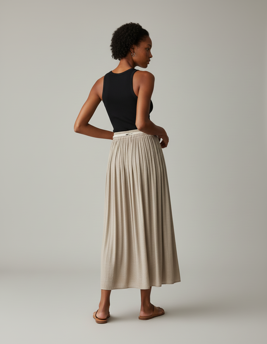 Jupe Longue Plissée Beige Fluide