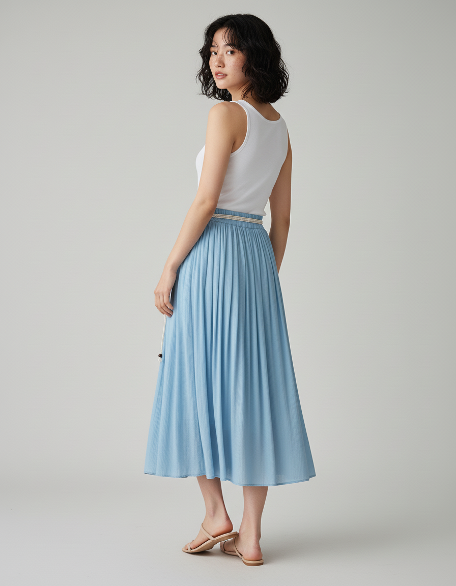 Jupe Longue Bleue Plissée Décontractée Été