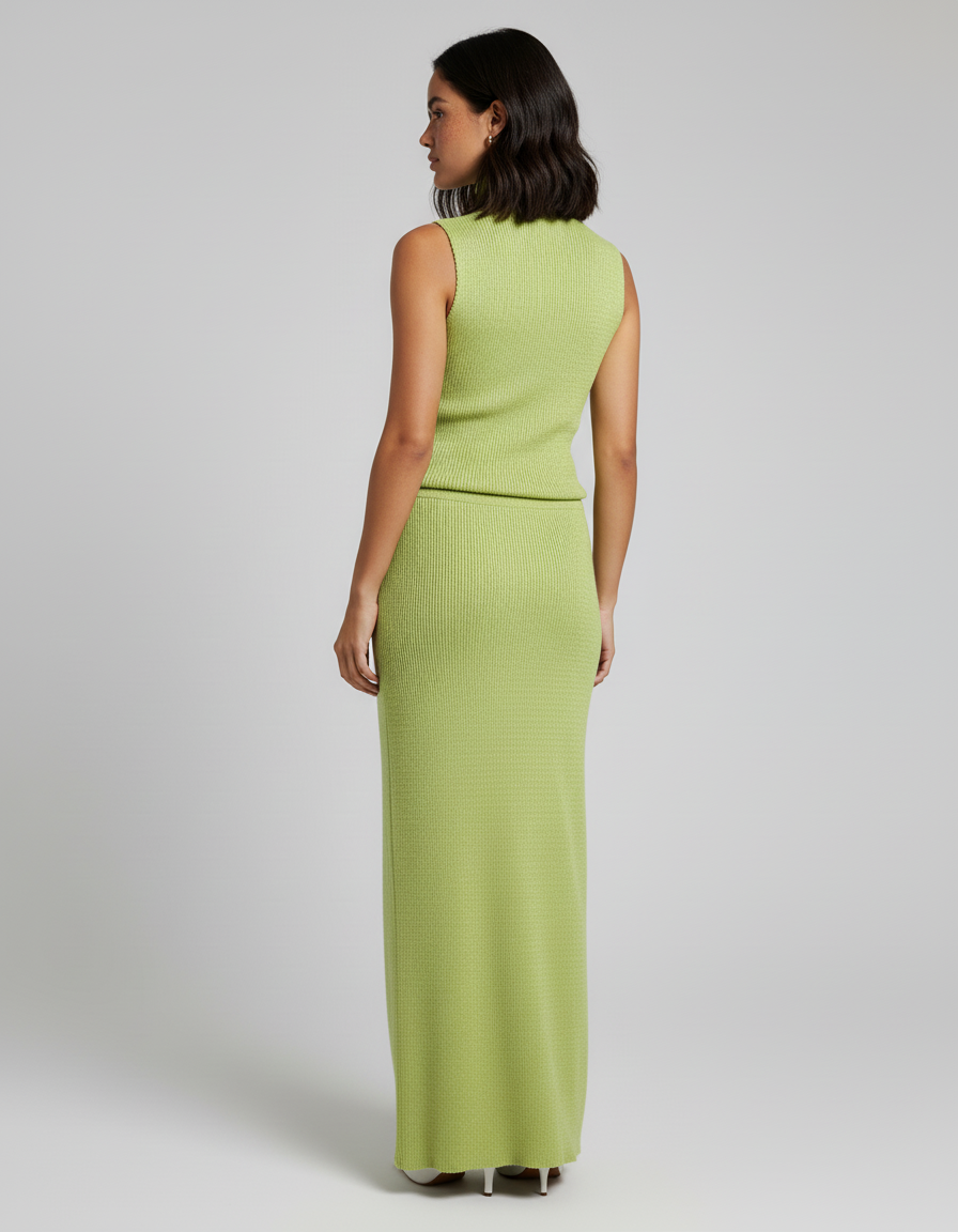 Jupe Longue Maille Côtelée Verte Élégante