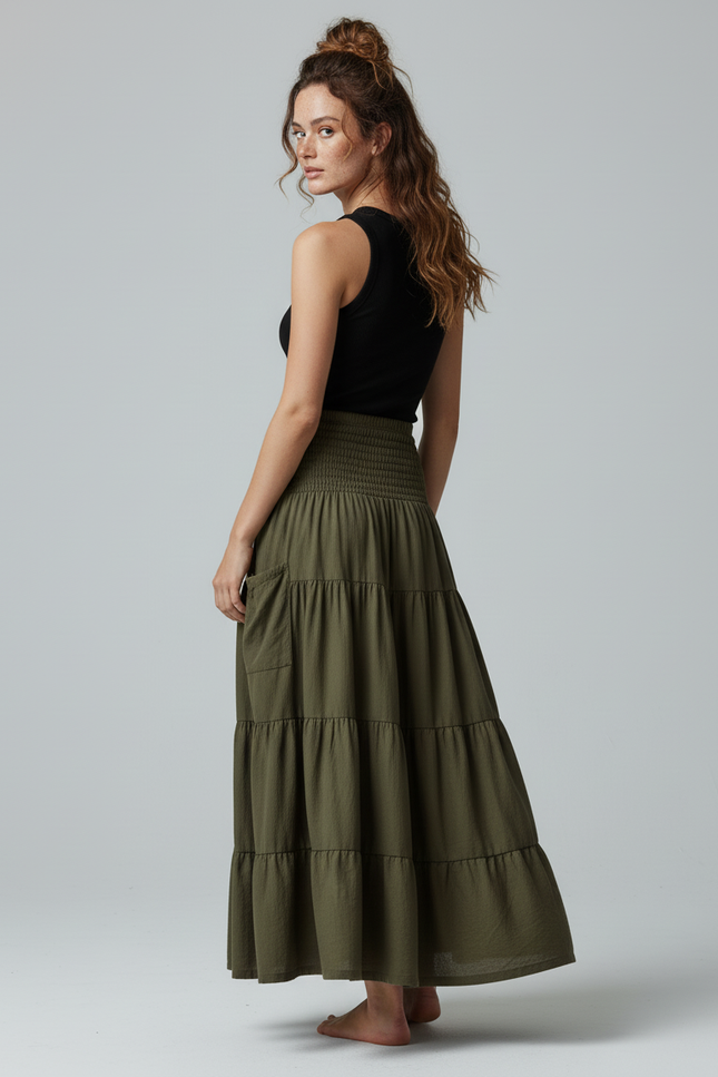 Jupe Longue Kaki À Volants Bohème
