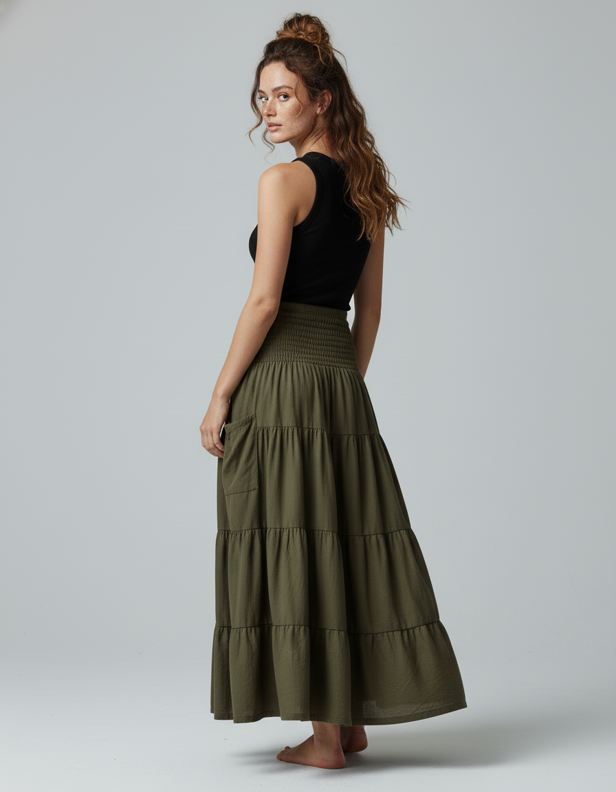 Jupe Longue Kaki À Volants Bohème