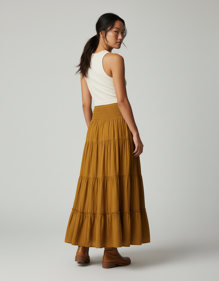 Jupe Longue Moutarde Étagée Bohème