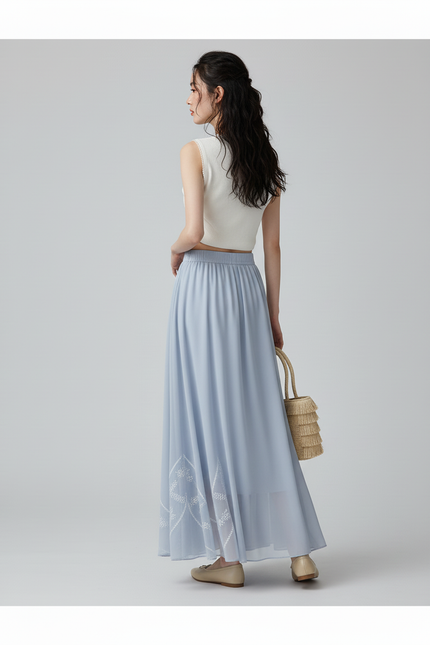 Jupe Longue Bleu Ciel Fluide Brodée
