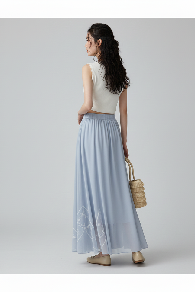 Jupe Longue Bleu Ciel Fluide Brodée
