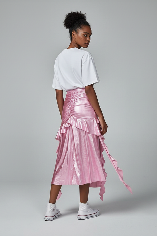 Jupe Longue Rose Métallisé Volants Chic