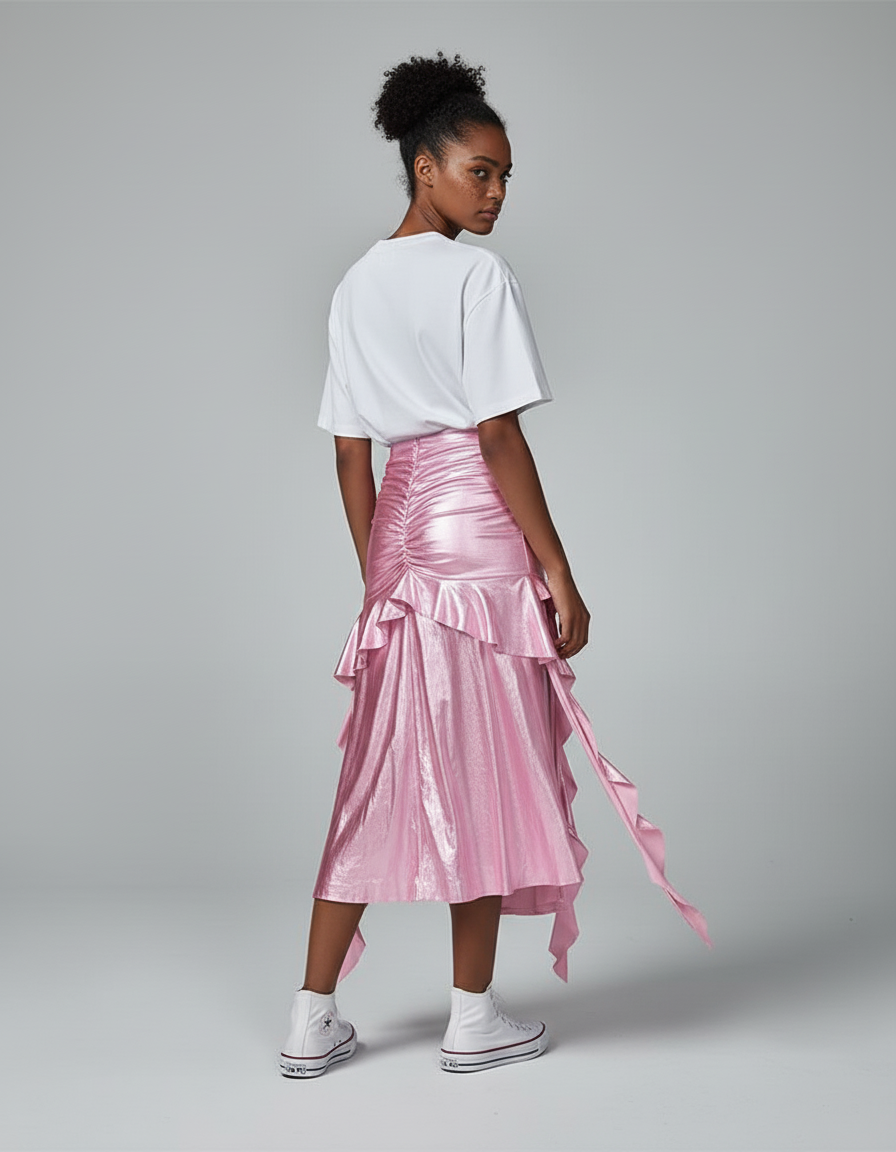 Jupe Longue Rose Métallisé Volants Chic