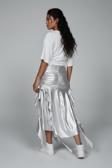 Jupe Longue Argentée À Volants Chic