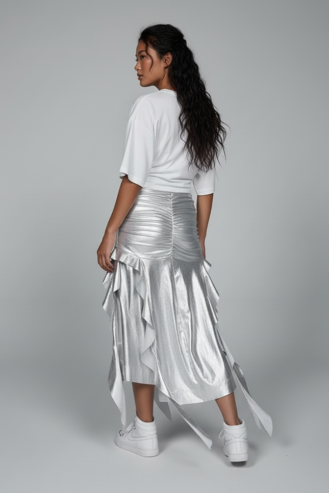 Jupe Longue Argentée À Volants Chic