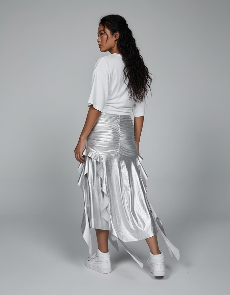 Jupe Longue Argentée À Volants Chic