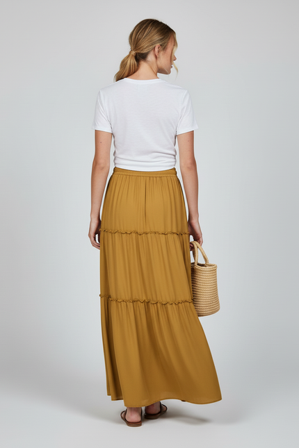 Jupe Longue Moutarde Étagée Bohème Femme