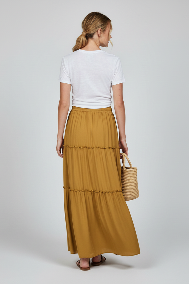 Jupe Longue Moutarde Étagée Bohème Femme