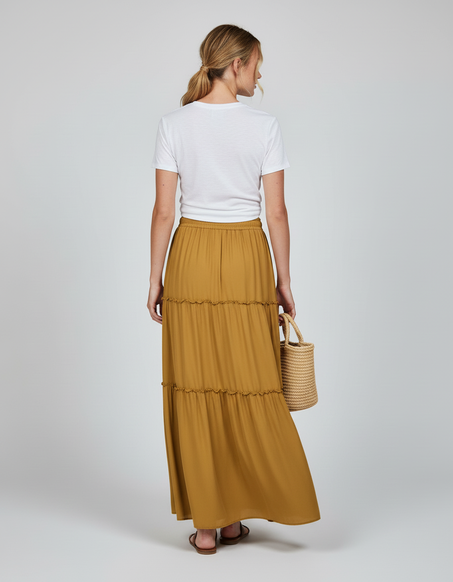Jupe Longue Moutarde Étagée Bohème Femme