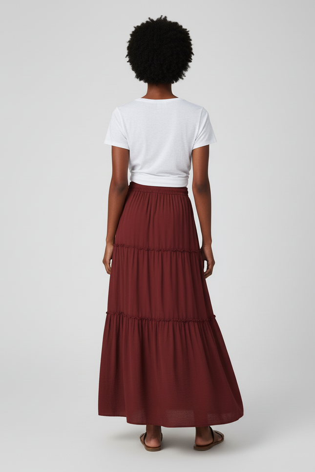 Jupe Longue Bohème Bordeaux À Volants