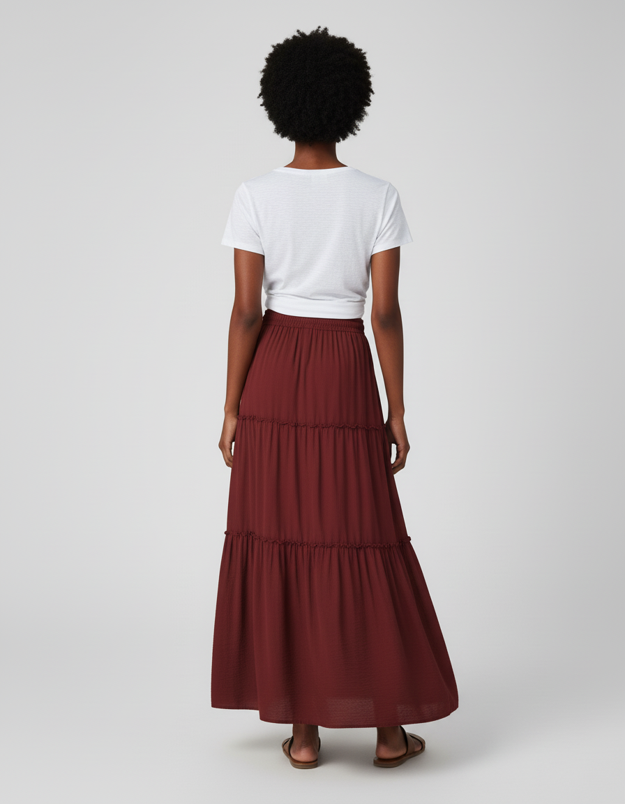 Jupe Longue Bohème Bordeaux À Volants