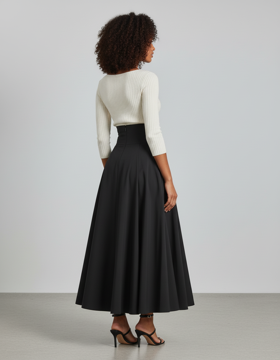 Jupe Longue Noire Évasée Élégante Femme