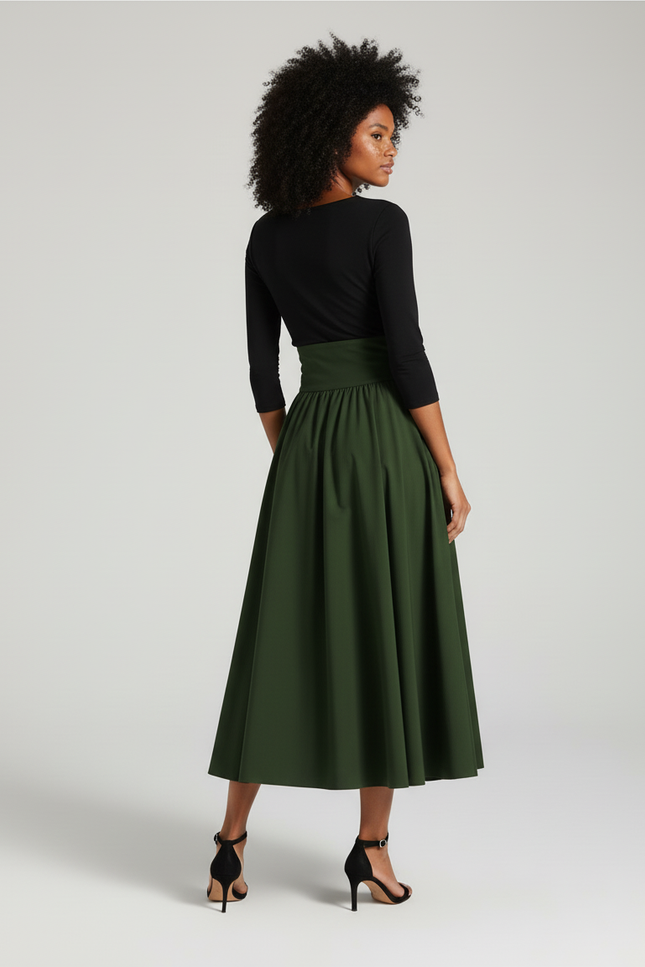 Jupe Longue Vert Kaki Évasée Élégante