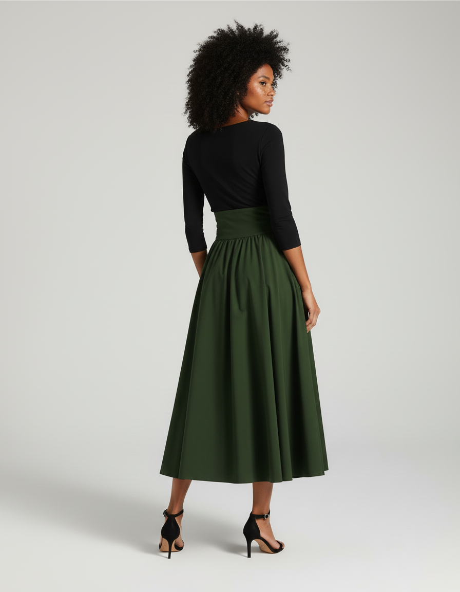 Jupe Longue Vert Kaki Évasée Élégante