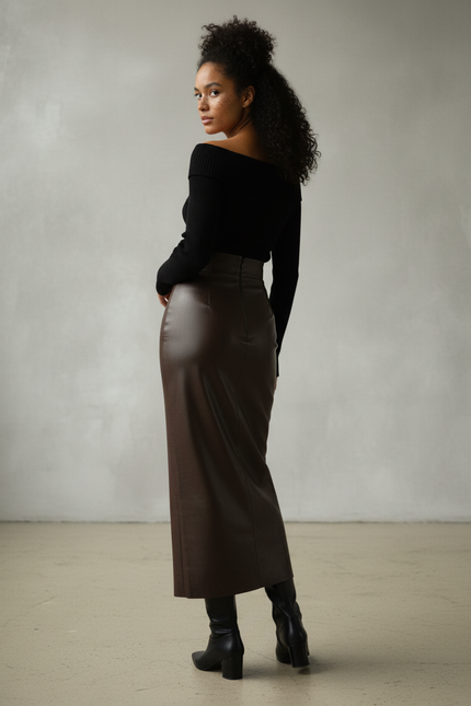 Jupe Longue Simili Cuir Fendue Élégante