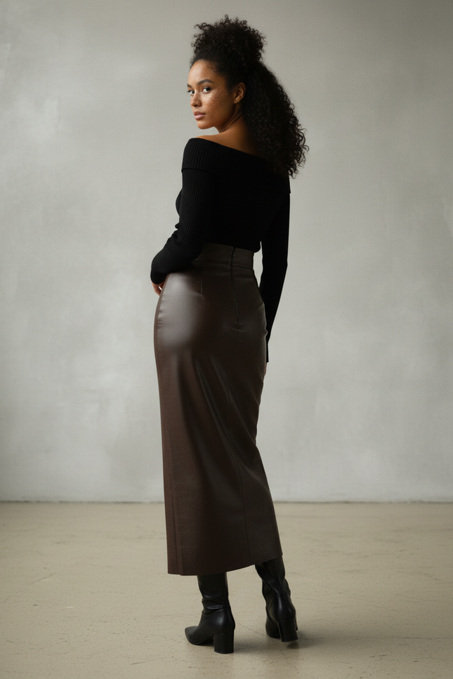 Jupe Longue Simili Cuir Fendue Élégante