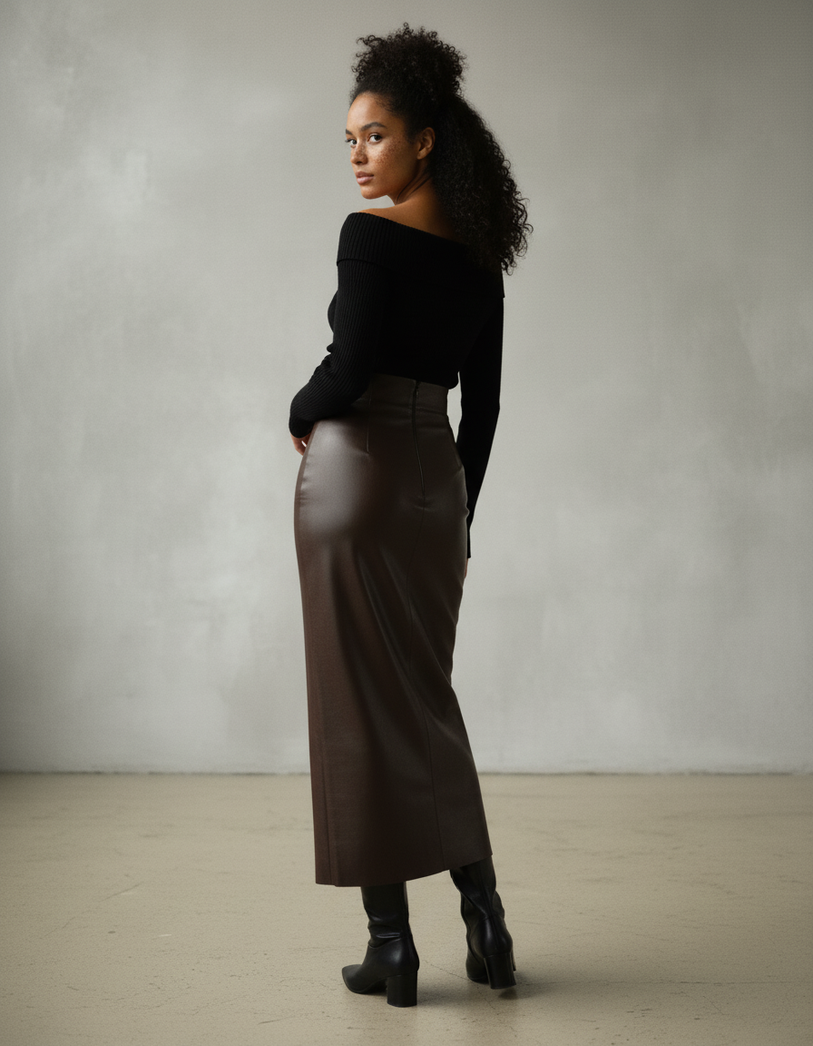 Jupe Longue Simili Cuir Fendue Élégante